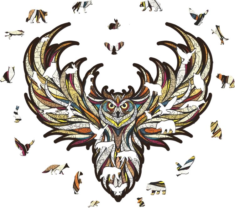 Деревянный, фигурный пазл EWA «Мудрая Сова L», 40x42 см — картинка 2