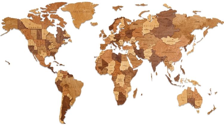 EWA Деревянная «Карта Мира» настенная, объемная 3 уровня, размер S (100x55 см), цвет: шоколад