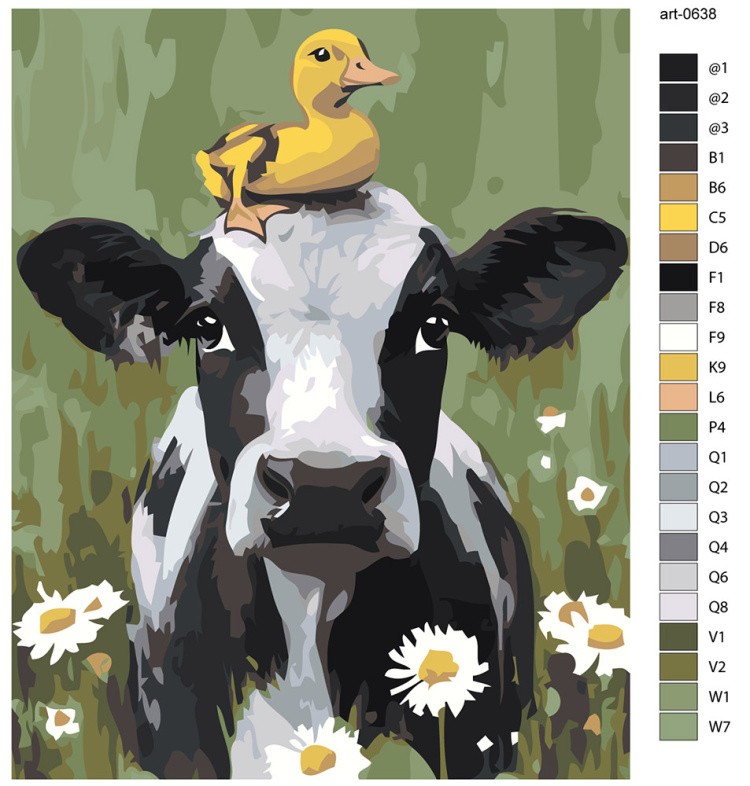 Картина по номерам «Животные: корова с утенком, ромашки» — картинка 2