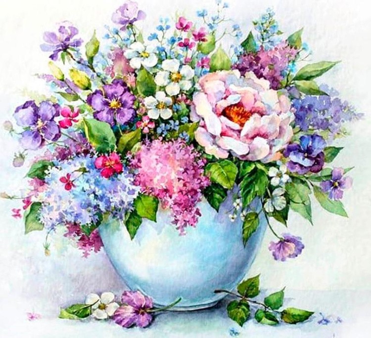 Алмазная вышивка «Нежные цветы в белой вазе»