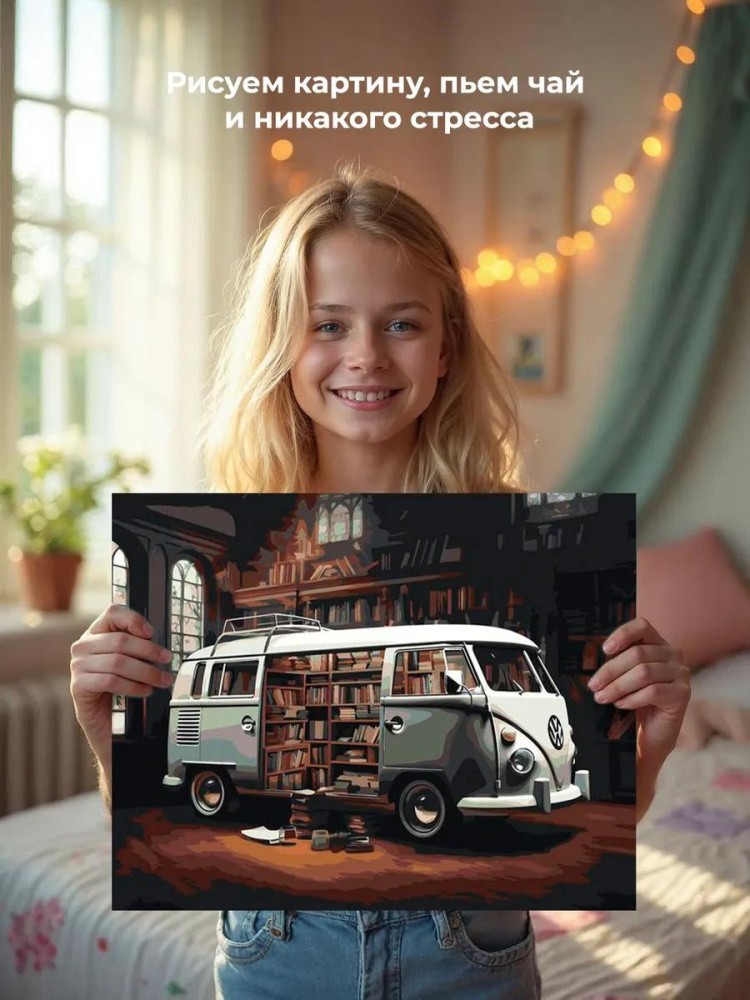 Картина по номерам «Машины: Фольксваген в библиотеке» — картинка 6