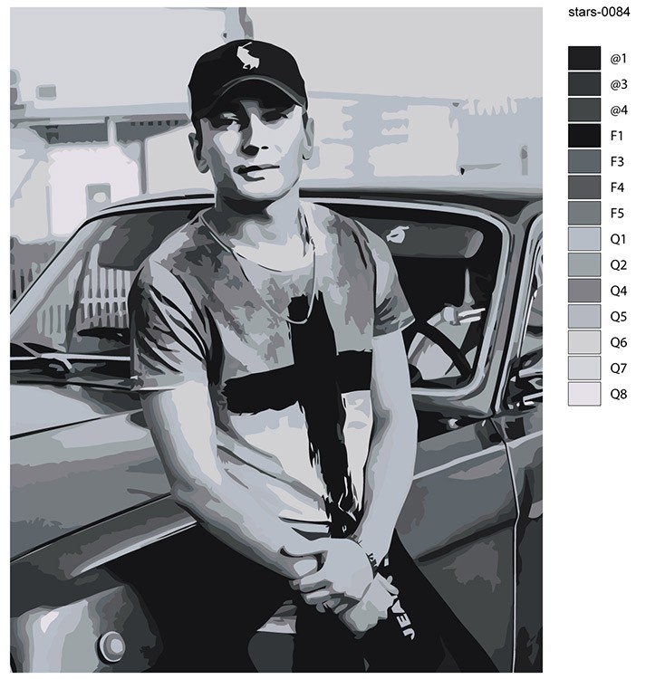 Картина по номерам «Рэпер Сантиз Santiz: чб портрет, машина» — картинка 2