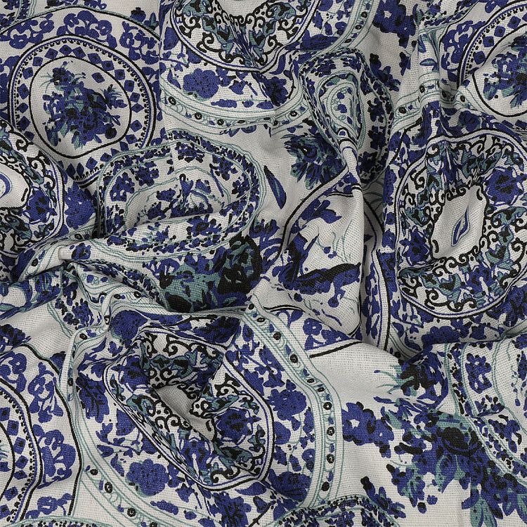 Ткань льняная, 1 м x 150 см, 140 г/м², цвет: синий, орнамент, TBY — картинка 3