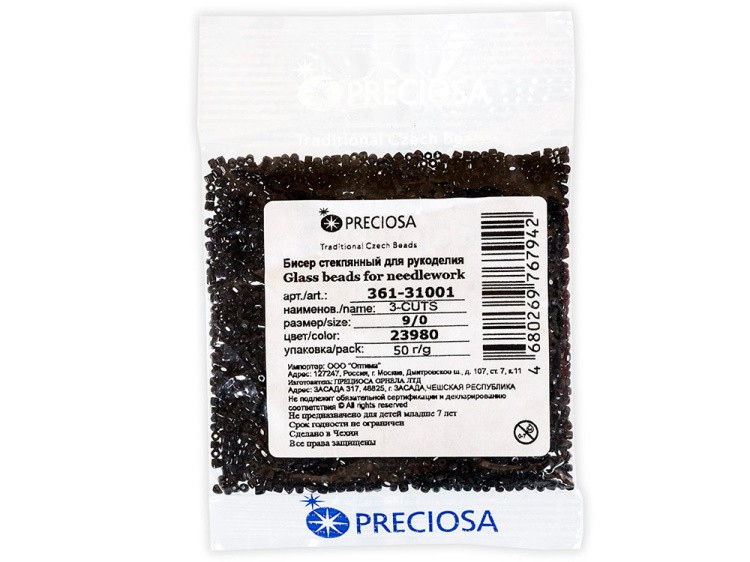 Бисер Чехия 3-CUTS 361-31001 2,7 мм 09/0, 50 г, цвет: 23980 черный — картинка 2