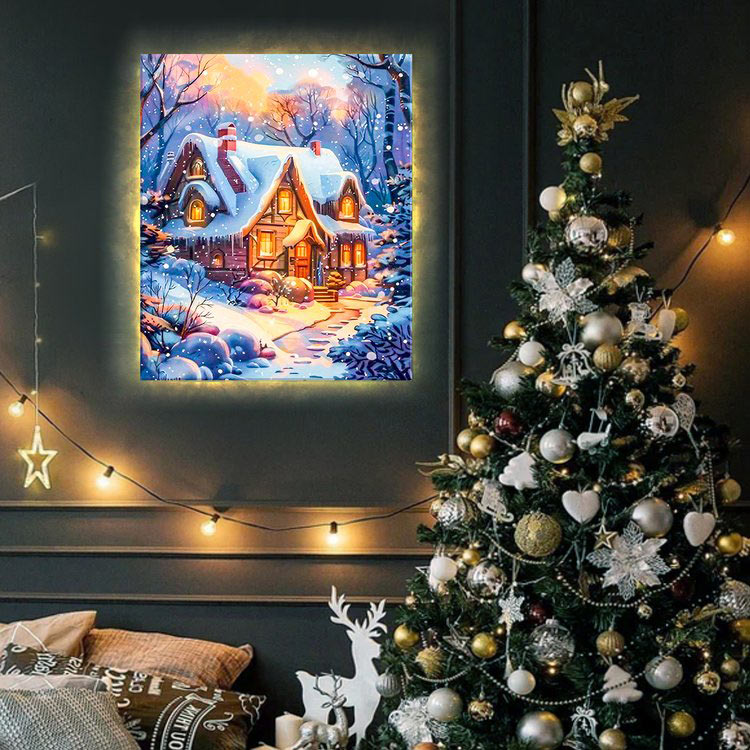 Картина по номерам «Домик в заснеженном лесу» LED подсветка — картинка 3