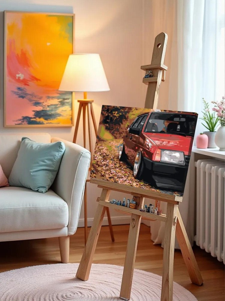 Картина по номерам «ВАЗ-2109: красная Лада девятка в осеннем лесу 2» — картинка 9