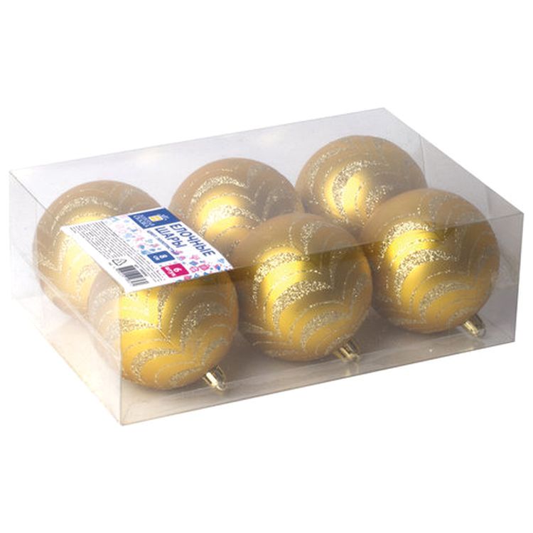 Шары елочные, набор 6 шт., пластик, 8 см, с золотистым рисунком, цвет золотистый — картинка 5