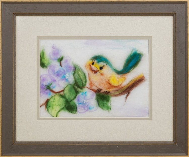 Картина шерстью «Птенец на ветке» — картинка 2