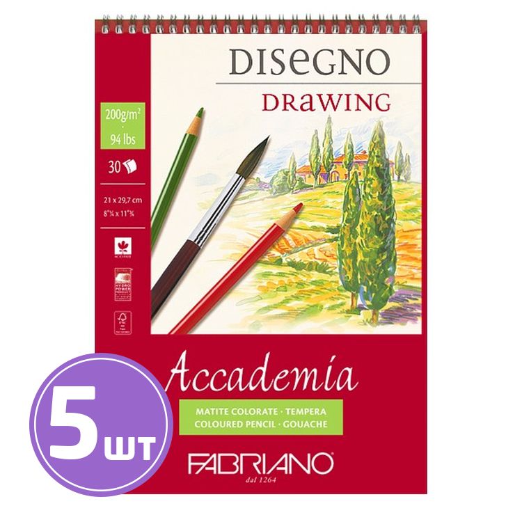 Альбом для эскизов «Accademia», 200 г/м2, A4, 21х29,7, см, на спирали, 5 альбомов по 30 л., Fabriano