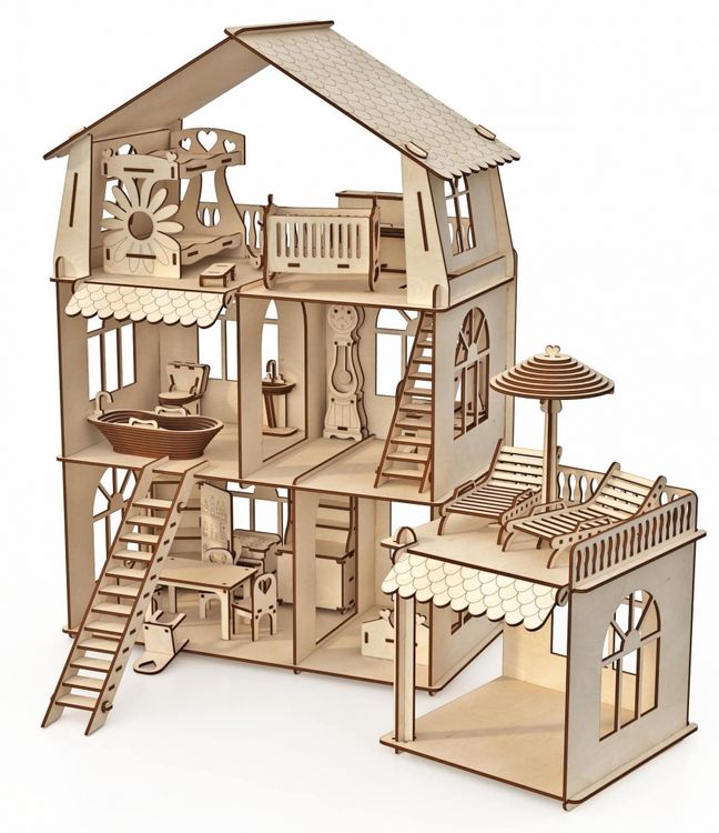 Конструктор-кукольный домик ХэппиДом «Коттедж с пристройкой и мебелью Premium»