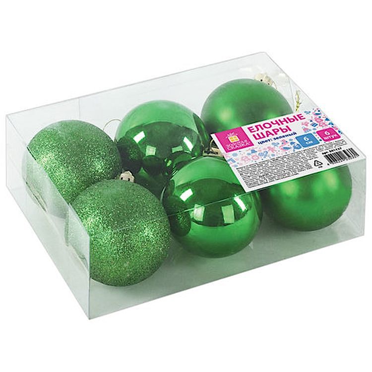 Шары елочные, набор 6 шт., пластик, 6 см, зеленые (глянец, матовый, глиттер) — картинка 8