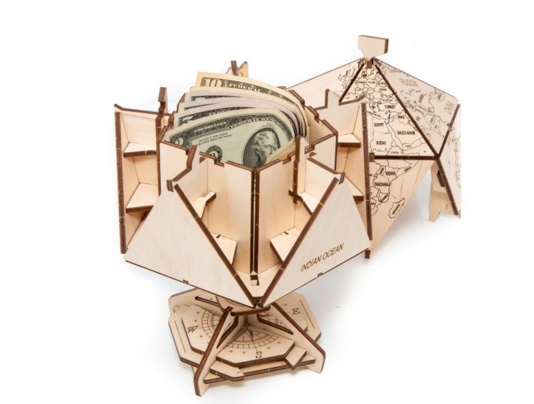 Конструктор деревянный 3D EWA «Глобус Икосаэдр с секретом», (шкатулка, сейф), синий — картинка 5