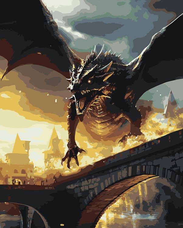 Картина по номерам «Черный огнедышащий дракон над мостом»