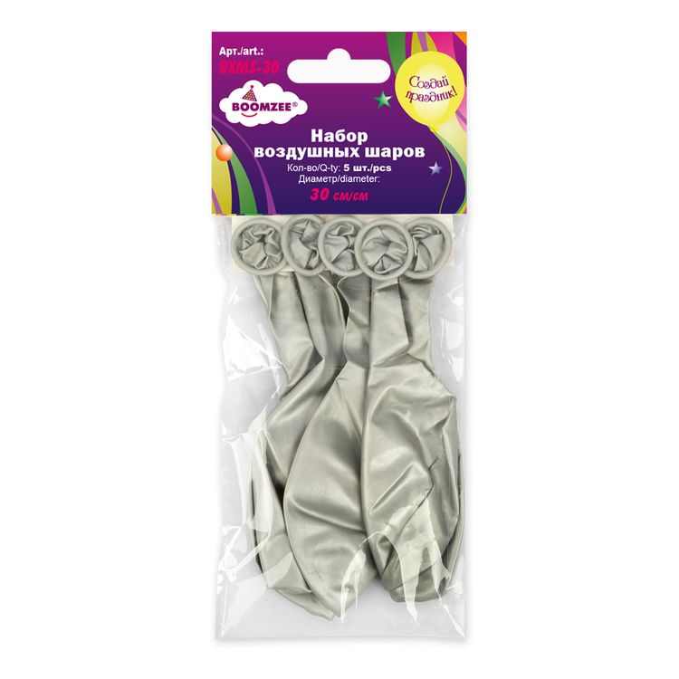 Набор воздушных шаров, 30 см, цвет: хром металлик серебряный, 5 шт., BOOMZEE — картинка 2
