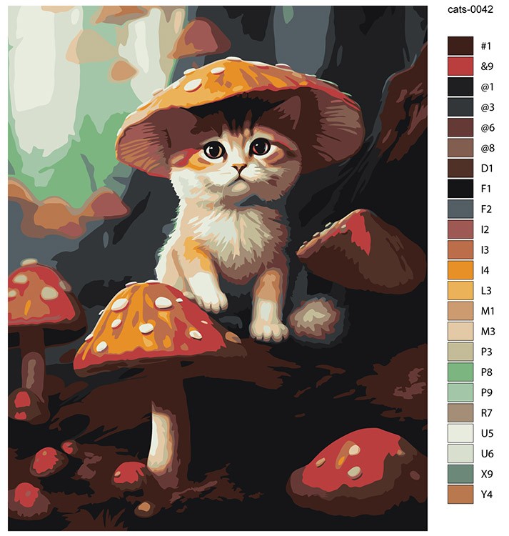 Картина по номерам «Котенок-гриб и мухоморы» — картинка 2