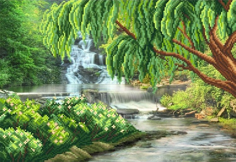 Рисунок на шелке «Ива над рекой»