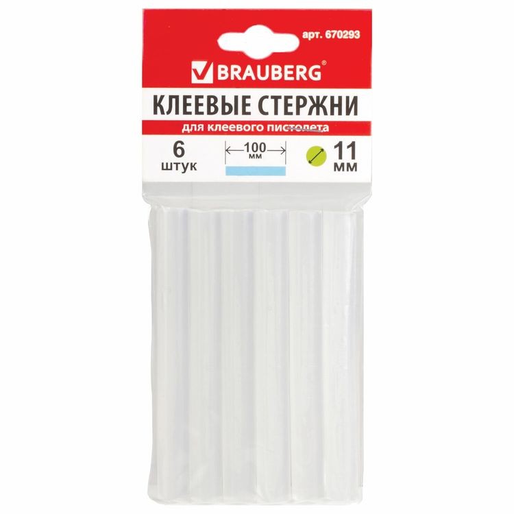 Клеевые стержни, диаметр 11 мм, длина 100 мм, прозрачные, комплект 6 шт., Brauberg