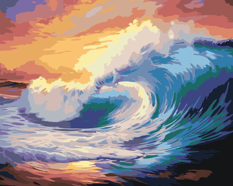 Картина по номерам «Природа: Морской пейзаж с большой волной на закате»