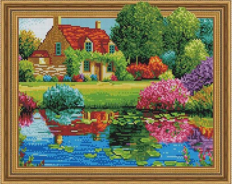 Алмазная вышивка 5D «Дом у цветущего озера»