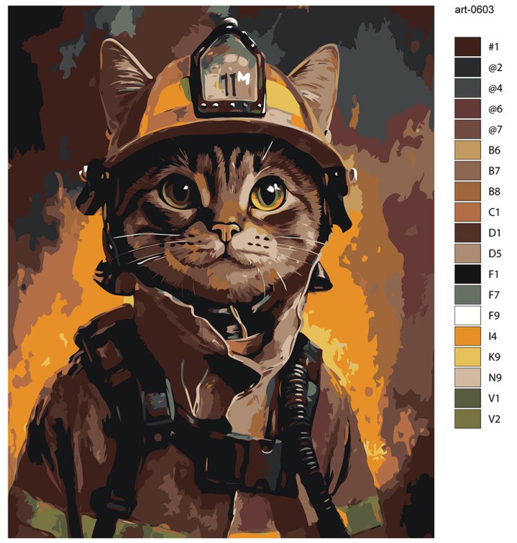 Картина по номерам «Кошки: кот пожарный в каске на фоне огня» — картинка 2