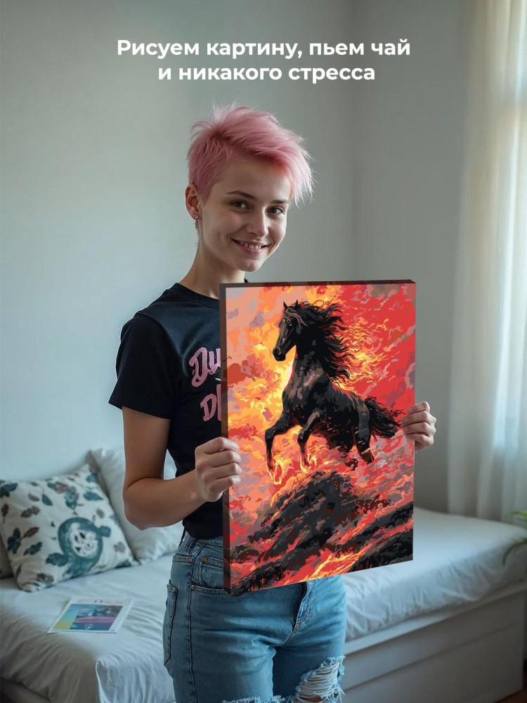 Картина по номерам Черная огненная лошадь Символ года — картинка 6