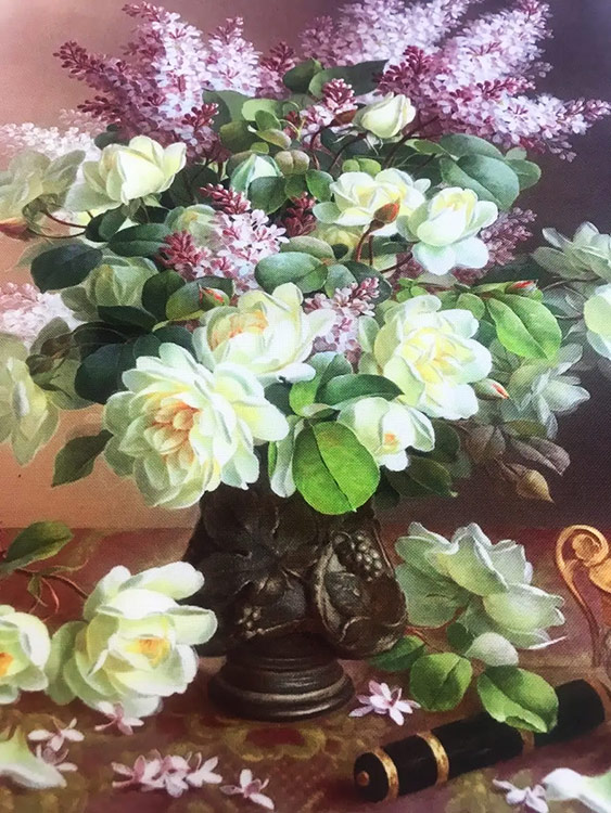 Вышивка лентами «Белые розы и сирень» — картинка 7