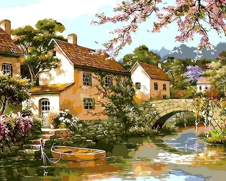 Картина по номерам «Двухэтажные домики у реки»