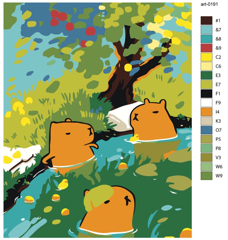 Картина по номерам «Животные: милые капибары в пруду, аниме» — картинка 2