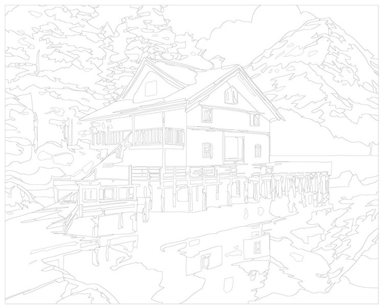 Картина по номерам «Природа: Пейзаж с домом на озере с видом на горы» — картинка 3