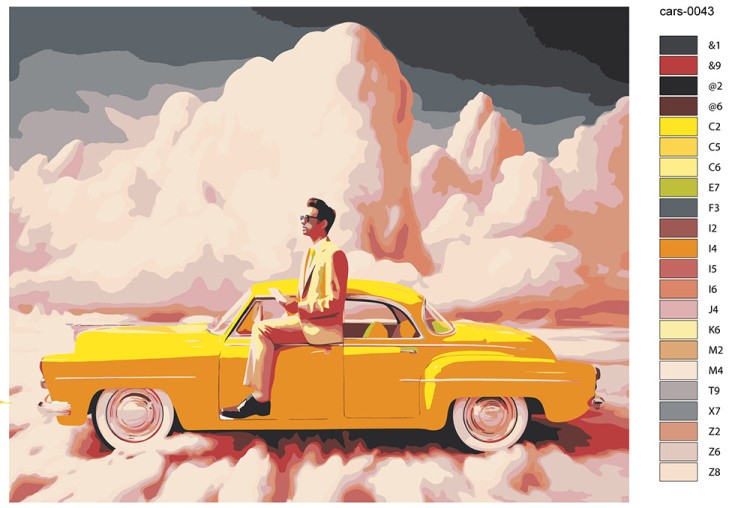 Картина по номерам «Машины: Желтый автомобиль в розовых облаках» — картинка 2