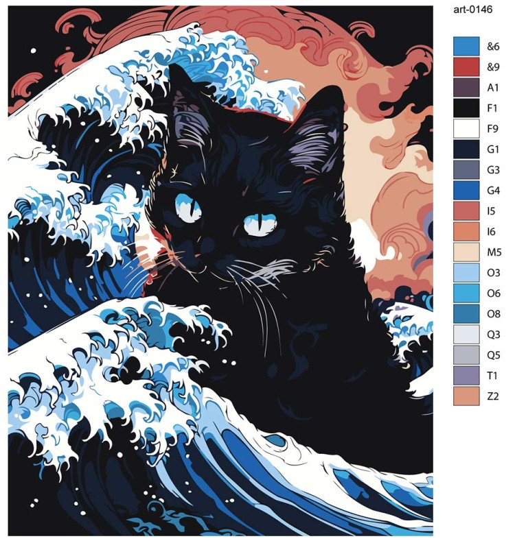 Картина по номерам «Коты и кошки: черный кот в море арт» — картинка 2