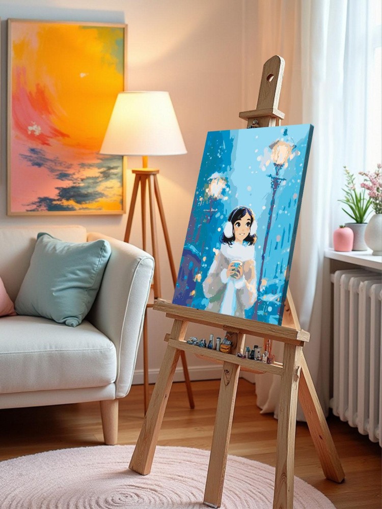 Картина по номерам Девушка с кофе в зимнем городе — картинка 10