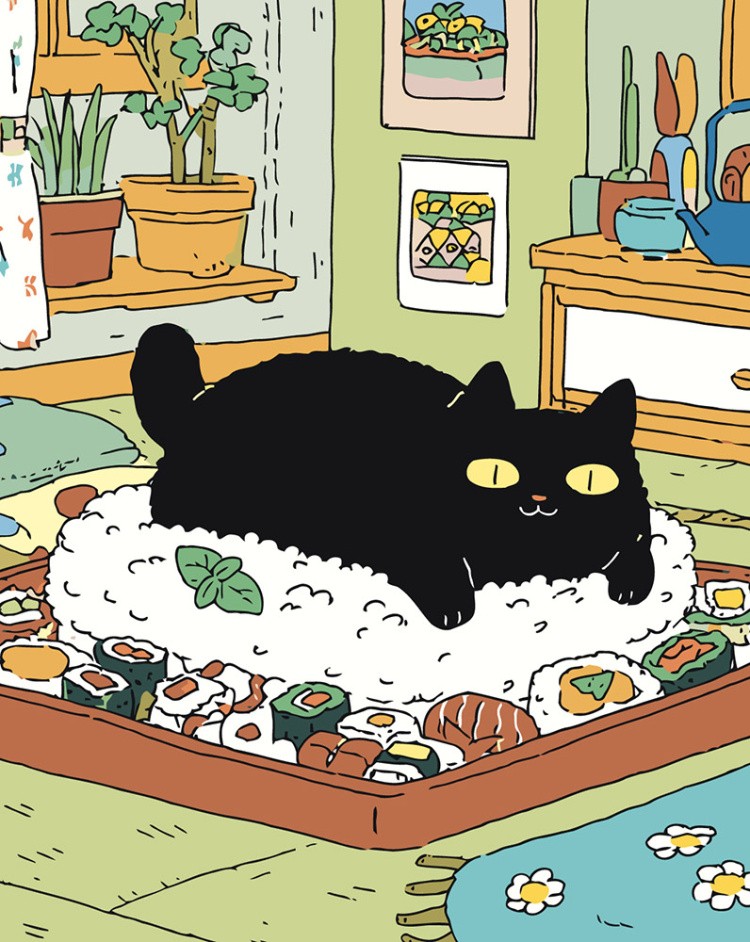 Картина по номерам Черный кот в комнате готовит суши