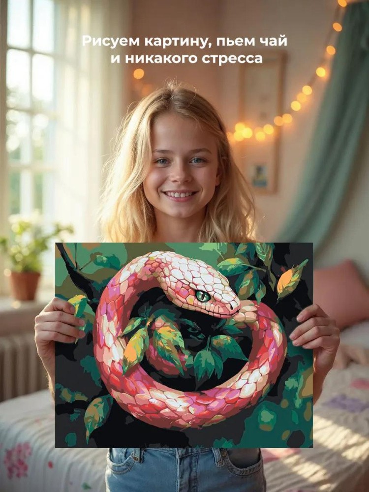 Картина по номерам «Розовая змея на дереве, Символ года» — картинка 6