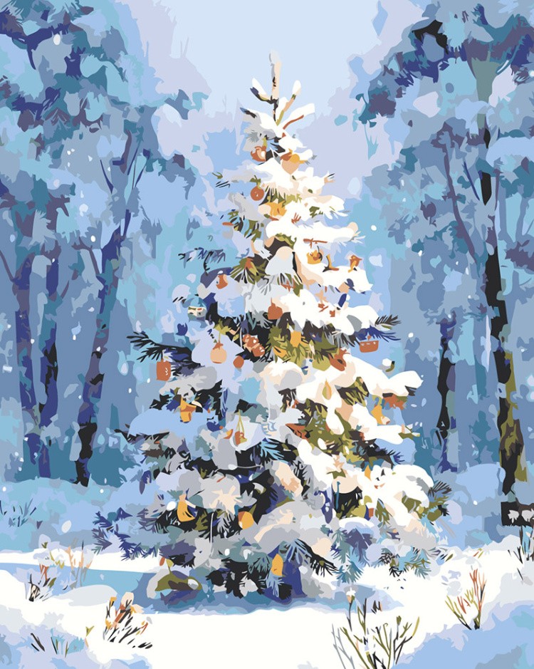 Картина по номерам Новогодняя елка в зимнем лесу