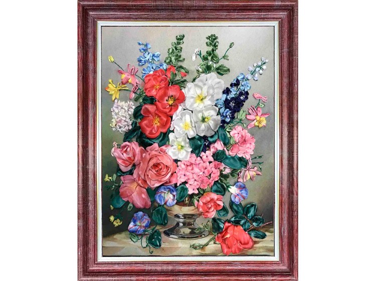 Вышивка лентами «Букет с мальвами» — картинка 2