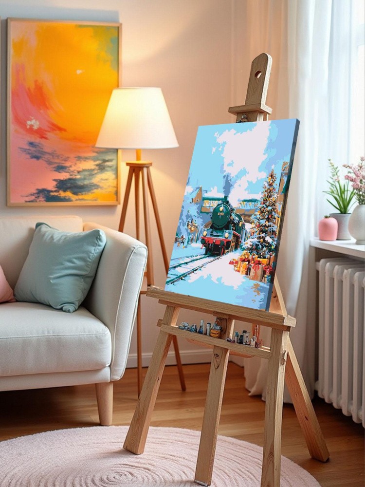 Картина по номерам Новогодняя елка и ретро поезд — картинка 10