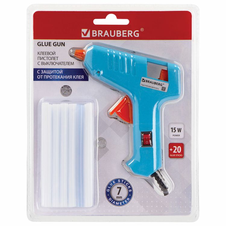 Клеевой пистолет 15 Вт для стержня 7 мм, комплект 20 стержней (10 белых + 10 прозрачных), Brauberg — картинка 6