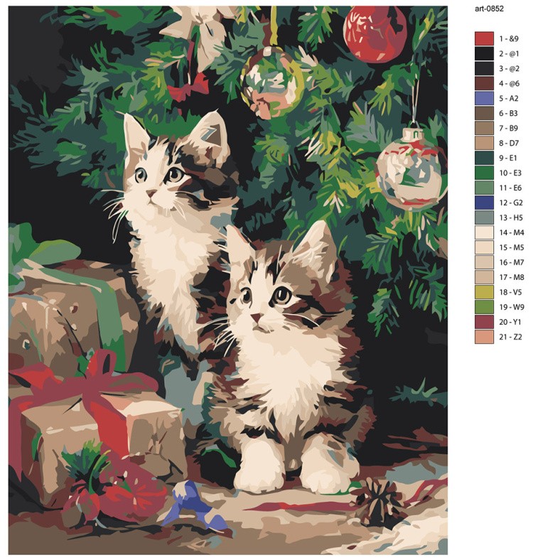 Картина по номерам Новогодняя елка и котята с подарками — картинка 2