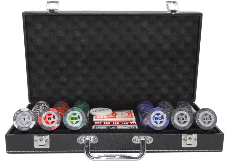 Покерный набор STARS, 300 фишек 14 г с номиналом в кожаном кейсе