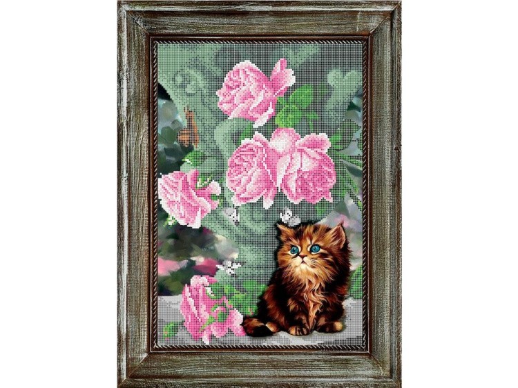 Рисунок на ткани «Котёнок и розы»