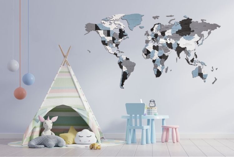 EWA Деревянная «Карта Мира» настенная, объемная 3 уровня, размер L (192x105 см), цвет: дымчатый — картинка 5