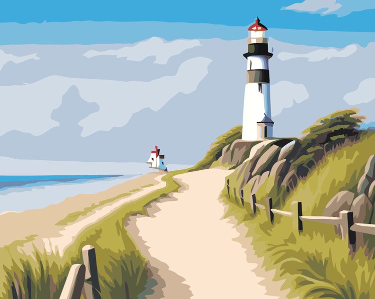 Картина по номерам «Природа: Пейзаж с маяком и дорожкой вдоль моря»