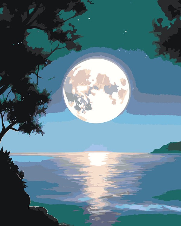 Картина по номерам «Природа: Яркая луна над морем 2»