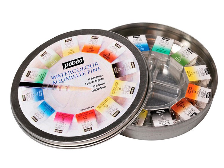 Краски Pebeo акварель 12 цветов набор Aquarelle Fine в металлической коробке с кистью