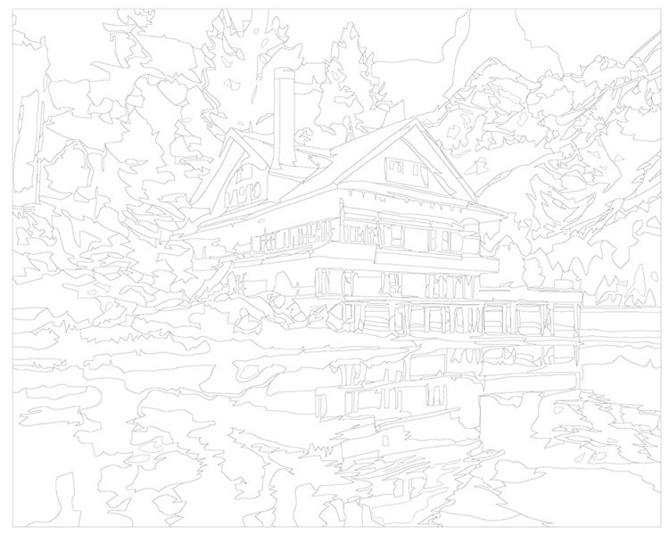 Картина по номерам «Природа: Пейзаж с домом на озере с видом на горы 2» — картинка 3