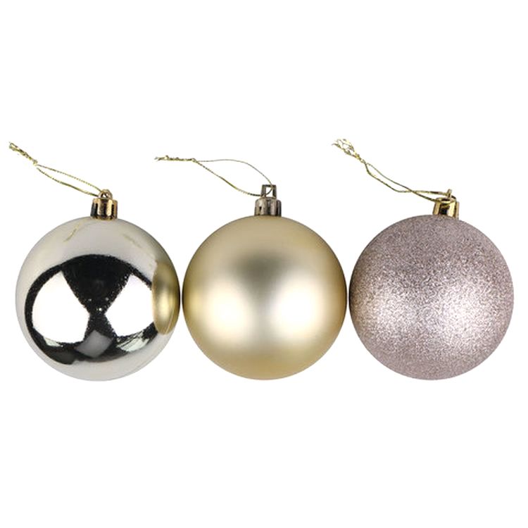 Шары елочные, набор 6 шт., пластик, 8 см, светлое золото (глянец, матовый, глиттер) — картинка 3