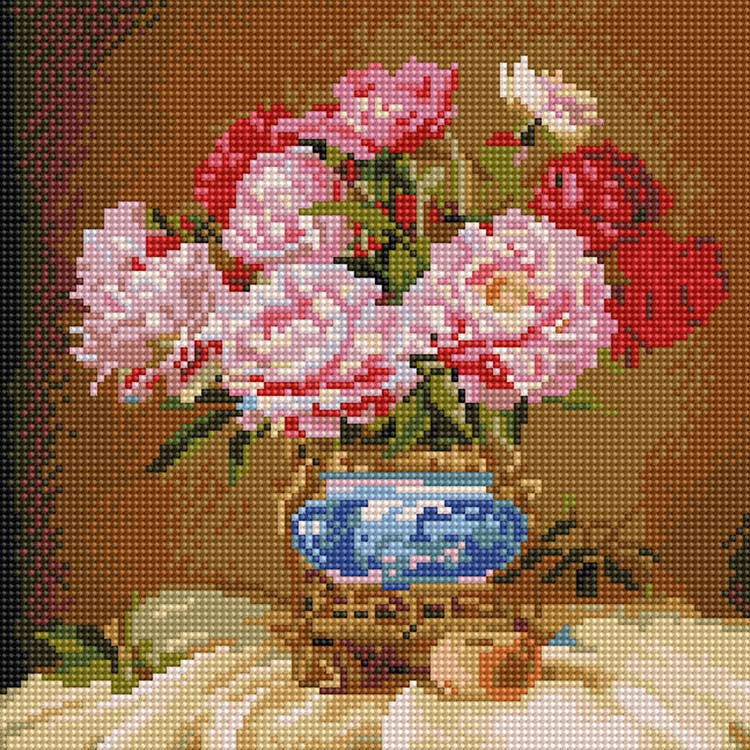 Алмазная вышивка «Бузин. Пионы в китайской фарфоровой вазочке» — картинка 2
