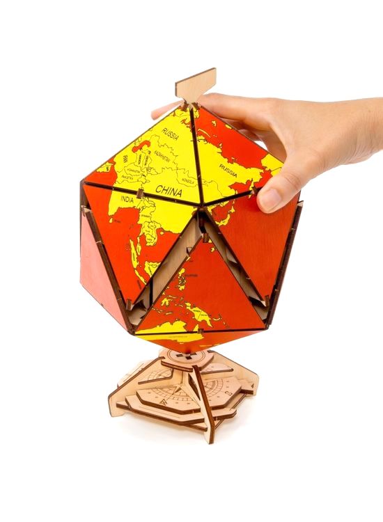 Конструктор деревянный 3D EWA «Глобус Икосаэдр с секретом», (шкатулка, сейф), красный — картинка 2