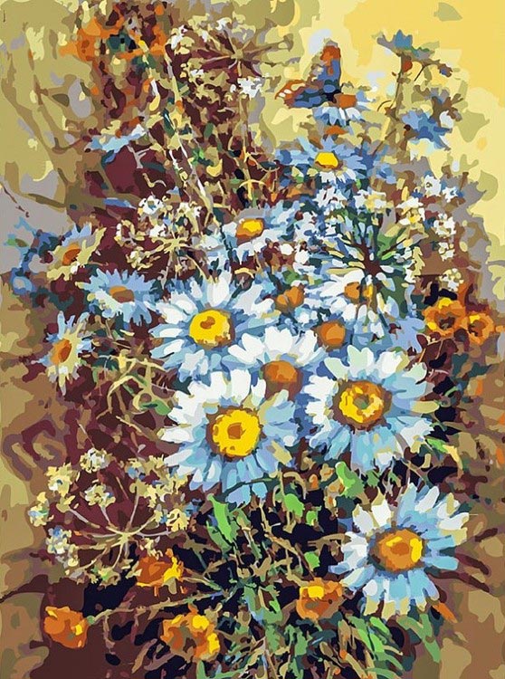 Картина по номерам «Букет с ромашками и бабочкой»